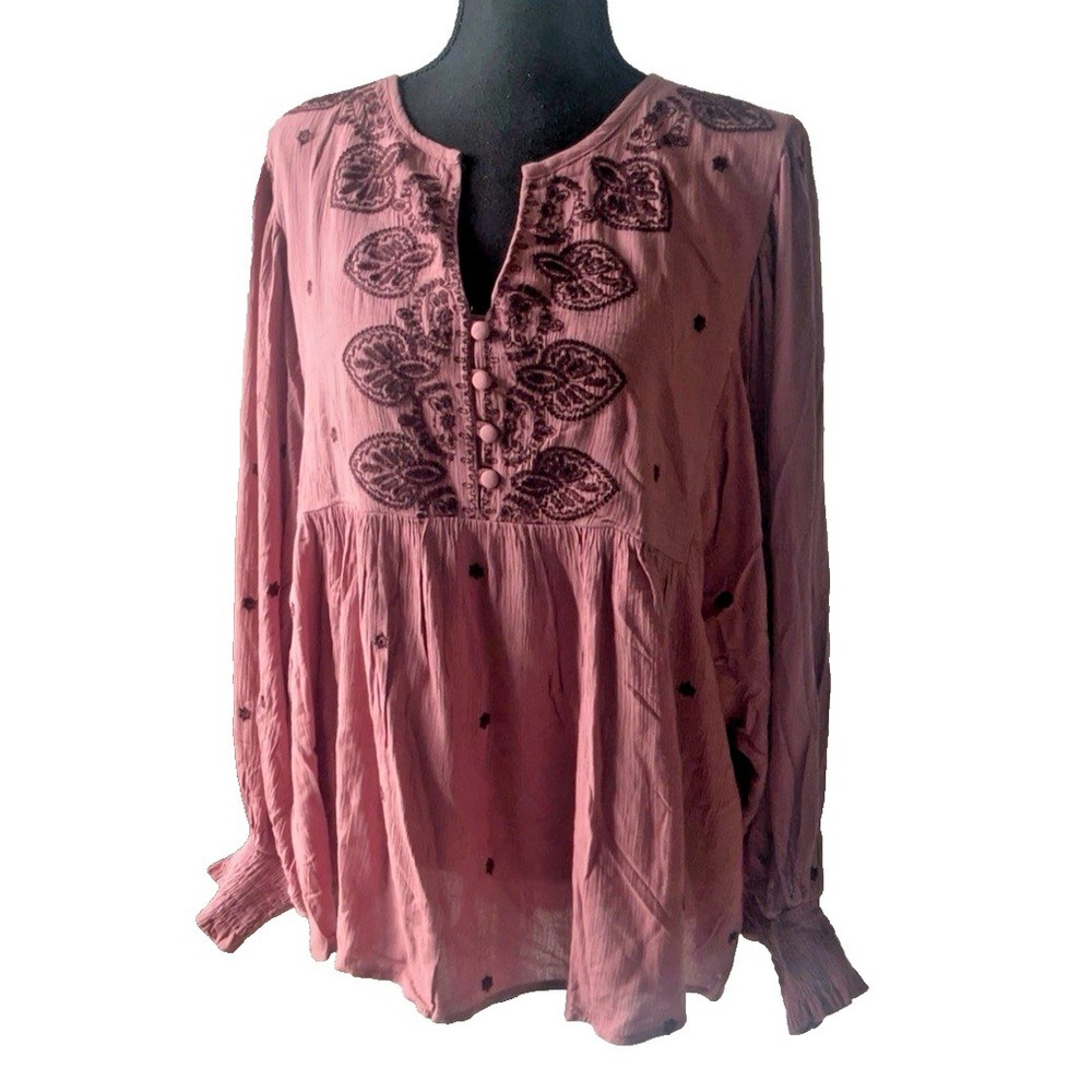 City Chic Mauve Embroidered Peasant Boho Blouse Smocked Cuffs Medium NWT - Picture 2 of 8